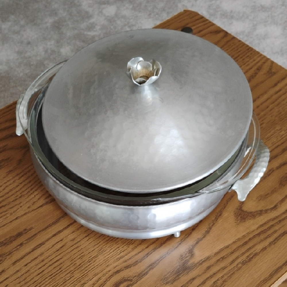 Hammered Silver-Tone Covered Serving Dish with Floral Knob